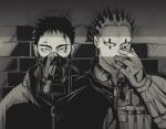  2boys aikawa_(dorohedoro) black_hair dorohedoro facial_mark finger_to_nose florbetriz gloves greyscale highres looking_at_viewer male_focus mask monochrome multiple_boys no_eyebrows risu_(dorohedoro) short_hair simple_background spiked_hair upper_body 