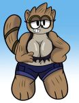 anthro big_breasts blue_background breasts brown_body brown_fur cartoon_network cleavage clothed clothing crossgender female fur hand_on_hip hi_res looking_at_viewer mammal narrowed_eyes presenting presenting_breasts procyonid raccoon regular_show rigby_(regular_show) simple_background smile solo someth1ngoranother standing teeth thick_thighs wide_hips 