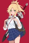  1girl backpack bag bangs blonde_hair blue_skirt blush braid breasts choker clarent closed_mouth collared_shirt commentary dress_shirt fate/apocrypha fate_(series) french_braid green_eyes hair_ornament hair_scrunchie long_hair looking_at_viewer mordred_(fate) mordred_(fate)_(all) parted_bangs ponytail red_background red_scrunchie scrunchie shirt sidelocks simple_background skirt sleeves_rolled_up small_breasts smile sword symbol_commentary thighs tonee weapon white_shirt 