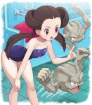  1girl absurdres alternate_costume arched_back bent_over blush breasts brown_hair collarbone commentary_request eyelashes gen_1_pokemon geodude hair_ribbon hand_on_own_knee highres index_finger_raised knees long_hair motion_lines one-piece_swimsuit open_mouth pink_eyes pink_ribbon pokemoa pokemon pokemon_(creature) pokemon_(game) pokemon_oras purple_swimsuit ribbon swimsuit tile_floor tiles tongue tsutsuji_(pokemon) twintails 