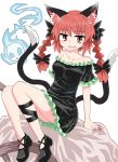  1girl animal_ears bangs black_bow black_dress black_footwear black_legwear black_tail bow braid breasts cat_ears cat_tail chups dress extra_ears eyebrows_visible_through_hair fang frilled_dress frilled_sleeves frills full_body green_frills hair_bow highres hitodama kaenbyou_rin looking_at_viewer off-shoulder_dress off_shoulder open_mouth red_eyes red_hair red_nails short_hair short_sleeves simple_background sitting sitting_on_object solo tail touhou twin_braids wheelbarrow white_background 