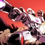  1boy arm_cannon clenched_hands decepticon glowing glowing_eyes insignia mecha megatron no_humans red_eyes smirk solo transformers weapon yami_itino 