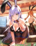  2girls 2others animal_ears ass baccarat_table bangs bare_shoulders blunt_bangs blush bow bowtie breasts brown_hair bunny_ears bunny_tail bunnysuit card casino casino_card_table cleavage coattails detached_collar eyebrows_visible_through_hair facial_mark fake_animal_ears fake_tail girls_frontline green_eyes hair_ornament hk416_(girls_frontline) holding holding_card large_breasts leotard long_hair looking_at_viewer multiple_girls multiple_others pantyhose qian_wu_atai silver_hair smile strapless strapless_leotard tail teardrop thigh_strap twintails ump9_(girls_frontline) very_long_hair wrist_cuffs 