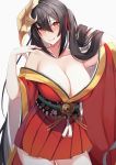  1girl absurdres azur_lane bare_shoulders black_hair blush breasts cleavage collarbone eyebrows_visible_through_hair hair_between_eyes hair_ribbon hand_in_hair highres huge_filesize japanese_clothes kazuha_(saku_kn) large_breasts long_hair looking_at_viewer mask mask_on_head red_eyes red_ribbon ribbon solo taihou_(azur_lane) tongue tongue_out white_background 