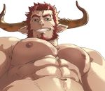  1boy agielba animal_ears bara beard blush chest chest_hair close-up dogandclover draph facial_hair from_below granblue_fantasy green_eyes horns male_focus manly muscle nipples pectorals red_hair shirtless smile solo symbol_commentary upper_body 