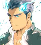  1boy blue_eyes blue_fire blue_hair chest close-up closed_mouth face fire gradient_hair hiraga0613 looking_at_viewer male_focus multicolored_hair muscle pectorals simple_background solo thick_eyebrows toji_(tokyo_houkago_summoners) tokyo_houkago_summoners upper_body 