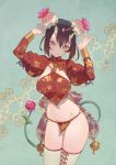  1girl arms_up breasts bun_cover closed_mouth cowboy_shot crop_top demon_girl double_bun floral_print flower gold_trim green_eyes groin hair_between_eyes hair_ornament hands_up highres hks_(timbougami) horns juliet_sleeves large_breasts loincloth long_sleeves looking_at_viewer lotus medium_hair navel oni oni_horns original pelvic_curtain pointy_ears puffy_sleeves revealing_clothes shrug_(clothing) sidelocks smile solo spaghetti_strap standing stomach succubus thighhighs thighs white_legwear 