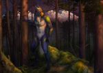  2020 4_toes 5_fingers anthro black_nose blue_body blue_fur canid canine canis day detailed_background digital_media_(artwork) fingers forest fur grass male mammal outside sky solo toes tree white_body white_fur wolf wolnir 