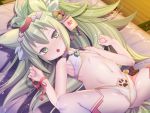  1girl absurdres animal_ear_fluff animal_ears armpits azur_lane bangs bare_arms bed_sheet bell blush cat_ears green_eyes green_hair hair_bell hair_ornament highres huge_filesize isokaze_(azur_lane) isokaze_(new_year&#039;s_battle)_(azur_lane) long_hair lying magatama_necklace nanaken_nana on_back open_mouth ponytail solo spread_legs tatami thick_eyebrows thighhighs 