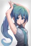  1girl absurdres alternate_hairstyle armpits arms_up bibboss39 commentary_request grey_background grey_shirt hair_between_eyes hair_tie hatsune_miku highres long_hair looking_at_viewer mouth_hold necktie ponytail shirt sleeveless sleeveless_shirt solo tying_hair upper_body very_long_hair vocaloid 