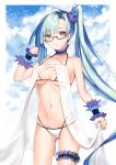  1girl absurdres adjusting_hair ass ass_visible_through_thighs bangs bare_shoulders bikini black-framed_eyewear blue_flower blue_hair blue_scrunchie blush breasts brynhildr_(fate) brynhildr_(swimsuit_berserker)_(fate) cleavage clothing_request cloud cloudy_sky collarbone commentary_request cowboy_shot criss-cross_halter day eyebrows_visible_through_hair fate/grand_order fate_(series) flower glasses hair_ornament hair_scrunchie halter_top halterneck hand_in_hair highleg highres leg_garter long_hair looking_at_viewer multicolored_hair navel panties purple_eyes purple_scrunchie scrunchie see-through side_ponytail sky solo standing stomach string_bikini swimsuit thigh_strap underwear very_long_hair white_bikini white_panties wrist_cuffs wrist_scrunchie yukineko1018 
