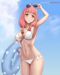  1girl arm_up artist_name bikini breasts cleavage closed_mouth dakkalot fire_emblem fire_emblem_fates innertube long_hair mitama_(fire_emblem) pink_hair solo star-shaped_pupils star_(symbol) sunglasses swimsuit symbol-shaped_pupils white_bikini 