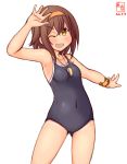  1girl artist_logo black_swimsuit bracelet breasts brown_eyes brown_hair commentary_request competition_school_swimsuit covered_navel cowboy_shot dated hairband highres jewelry kanon_(kurogane_knights) kantai_collection looking_at_viewer orange_hairband pose school_swimsuit shiratsuyu_(kantai_collection) short_hair simple_background small_breasts solo standing swimsuit whistle whistle_around_neck white_background 