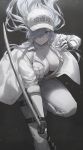  absurdres bangs blue_eyes breasts cleavage fingerless_gloves flower gloves hair_flower hair_ornament hair_over_one_eye hand_up hate highres holding holding_sword holding_weapon jacket katana large_breasts long_hair long_sleeves original pale_skin pants sidelocks sword thigh_strap weapon white_hair white_headwear white_jacket white_pants yohan1754 