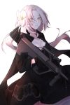  1girl assault_rifle aug_(girls_frontline) bangs black_dress breasts bullpup cleavage closed_mouth collarbone commentary_request cowboy_shot dress expressionless floating_hair flower girls_frontline gloves gun hair_between_eyes hair_flower hair_ornament hair_ribbon highres holding holding_gun holding_weapon jacket light_particles long_hair looking_at_viewer low_ponytail mole mole_under_eye orange_eyes ponytail qb_516 ribbon rifle sidelocks simple_background solo steyr_aug trigger_discipline vertical_foregrip weapon white_background 
