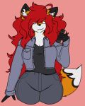  2020 anthro biped breasts canid canine cellphone clothed clothing curvy_figure denim denim_clothing digital_drawing_(artwork) digital_media_(artwork) female fingers fox fur hair hi_res holding_object looking_at_viewer mammal maple_(mexifurfoof) mexifurfoof phone red_eyes simple_background smile standing thick_thighs wide_hips 