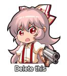  1girl angry bow chibi english_text eyebrows_visible_through_hair fujiwara_no_mokou grey_hair gun hair_between_eyes hair_bow handgun long_hair looking_at_viewer lowres meme open_mouth pistol pointing pointing_at_viewer pointing_weapon red_eyes shangguan_feiying short_sleeves solo suspenders touhou v-shaped_eyebrows weapon 