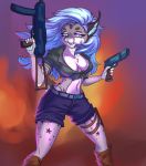  anthro artist_fafecalus artist_prisma6 bottomwear clothing fangs felid feline female gun handgun hi_res lynx mammal pistol ranged_weapon shorts weapon 