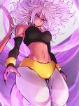  1girl android_21 black_nails bracelet breasts cleavage detached_sleeves dragon_ball dragon_ball_fighterz earrings hair_between_eyes hoop_earrings jewelry kemachiku long_hair majin_android_21 medium_breasts midriff nail_polish navel pink_skin pointy_ears red_hair solo tail white_hair 