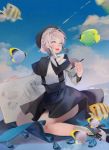  1girl artist_painter bangs black_dress canvas_(object) dress frills gothic_lolita hat highres holding holding_pen kami5427 lolita_fashion open_mouth original pen ribbon rug short_hair silver_eyes sitting sky socks solo tropical_fish wariza white_hair 