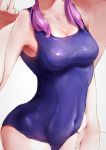  1girl arknights bare_arms bare_shoulders blue_poison_(arknights) blue_swimsuit breasts cleavage commentary covered_navel cowboy_shot hand_up head_out_of_frame highres long_hair medium_breasts one-piece_swimsuit pink_hair solo soukl.m swimsuit 