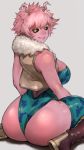  1girl absurdres adapted_costume alternate_breast_size ashido_mina ass back bangs bare_arms bare_shoulders black_sclera boku_no_hero_academia boots breasts brown_eyes commentary_request from_behind fur_collar green_eyes grey_background grin highres horns huge_ass huge_breasts ibuo_(ibukht1015) leotard lips looking_at_viewer looking_back messy_hair multicolored multicolored_eyes parted_lips pink_hair pink_skin seductive_smile shiny shiny_hair shiny_skin short_hair simple_background sitting smile solo thighhighs vest wariza 