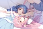  2girls absurdres animal_ears bare_arms bare_shoulders bed_sheet blue_dress blue_hair bunny_ears closed_mouth dress grey_skirt highres light_smile long_hair looking_at_viewer lying miniskirt multiple_girls navel necktie on_back p-a-cheng pink_hair puffy_short_sleeves puffy_sleeves red_eyes red_neckwear reisen_udongein_inaba seiran_(touhou) shirt short_sleeves skirt sleeveless sleeveless_dress touhou white_shirt 