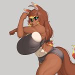  1:1 absurd_res ahoge anthro big_breasts black_sclera bra breasts canid canine canis caradhina clothed clothing digital_media_(artwork) female fire fur green_eyes gym_shorts hair hi_res huge_breasts krekk0v long_hair looking_at_viewer mammal red_body red_fur simple_background solo sports_bra stretching thick_thighs underwear white_body white_fur wolf 