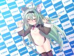  1girl absurdres ahoge akashi_(azur_lane) alternate_costume animal_ear_fluff animal_ears azur_lane bangs black_hairband blush breasts cat_ears cowboy_shot double_ok_sign dutch_angle green_hair hair_between_eyes hairband heart_pasties highres long_hair long_sleeves meme_attire nanaken_nana navel nipples pasties purple_legwear red_neckwear reverse_bunnysuit reverse_outfit small_breasts smile sofmap_background solo step_and_repeat thighhighs very_long_hair yellow_eyes 