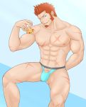  1boy abs alcohol arm_behind_back bara beard blue_eyes brown_hair bulge chest drink facial_hair fate/grand_order fate_(series) highres ice ice_cube looking_at_viewer male_focus male_swimwear muscle napoleon_bonaparte_(fate/grand_order) nipples one_eye_closed pectorals penis_peek porkjinta scar simple_background smile solo swim_briefs swimwear underwear underwear_only upper_body whiskey 