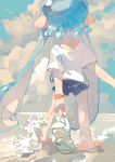  1girl aspara back blue_hair bracelet casual cloud cloudy_sky highres holding holding_clothes holding_footwear inkling jewelry long_hair ocean sand shirt shorts sky solo splatoon_(series) standing waves white_shirt 