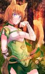  1girl animal_ears bandaged_arm bandages bell cat_ears cat_tail choker facial_mark fire_emblem fire_emblem:_path_of_radiance fuussu_(21-kazin) lethe_(fire_emblem) orange_hair purple_eyes short_hair short_sleeves solo tail 