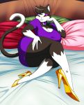  alexandra_salome anthro bed bedroom_eyes big_breasts breasts butt choker clothed clothing crescent_moon crovirus domestic_cat eyeshadow felid feline felis female footwear fur furniture hi_res high_heels inviting jewelry looking_at_viewer lying makeup mammal moon multicolored_body multicolored_fur narrowed_eyes necklace on_side pillow purple_eyeshadow seductive shoes smile solo two_tone_body two_tone_fur wide_hips yellow_sclera 
