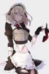  1girl apron armor armored_dress black_gloves black_legwear blonde_hair dress eyebrows_visible_through_hair fingerless_gloves g36_(girls_frontline) girls_frontline gloves green_eyes grey_background hair_between_eyes hairband high_heels highres looking_at_viewer maid_dress maid_headdress medium_hair mud neck_ribbon pantyhose qb_516 red_ribbon ribbon scratches shirt solo stomach torn_apron torn_clothes torn_dress torn_legwear white_apron white_shirt 