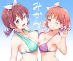  2girls ;) ahoge asymmetrical_docking bikini blue_background blue_eyes bow braid breast_press breasts brown_hair double_v emma_verde freckles gradient gradient_background hair_bow halter_top halterneck kanabun large_breasts looking_at_viewer love_live! love_live!_school_idol_festival_all_stars love_live!_sunshine!! medium_breasts multiple_girls one_eye_closed open_mouth orange_hair red_eyes short_hair side_braid smile striped striped_bikini swimsuit takami_chika twin_braids v white_bow 