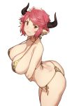  1girl animal_print arms_under_breasts ass bangs bare_shoulders bikini blush breasts brown_eyes cleavage clenched_teeth collarbone cow_horns cross cross_earrings crossover draph earrings granblue_fantasy highres horns houtengeki jewelry large_breasts leopard_print looking_at_viewer pink_hair pointy_ears short_hair sidelocks simple_background sturm_(granblue_fantasy) swimsuit teeth thighs white_background 