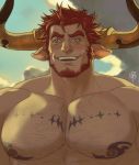  1boy agielba animal_ears bara beard blush chest chest_hair close-up dogandclover draph facial_hair granblue_fantasy green_eyes highres horns male_focus manly muscle nipples pectorals red_hair shirtless smile solo symbol_commentary tattoo upper_body 