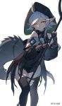  1girl ahoge arknights bangs bare_shoulders black_legwear character_name commentary crocodilian_tail feet_out_of_frame gloves grey_gloves highres holding holding_staff hood long_sleeves looking_at_viewer nian pointy_ears short_hair silver_hair simple_background skindentation solo staff standing thighs tomimi_(arknights) torn_clothes torn_legwear white_background yellow_eyes 