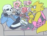  &lt;3 achirding alphys animated_skeleton anthro black_sclera bone bottomwear buckteeth candy chips_(food) clothed clothing duo eating english_text eyewear female fingerless_gloves food footwear glasses gloves grin half-closed_eyes hand_on_head handwear holding_food holding_object hoodie junk_food leaning leaning_back looking_at_another male mew_mew_(undertale) narrowed_eyes on_couch open_mouth pocky potato_chips reptile sans_(undertale) scales scalie shirt shorts sitting skeleton slippers smile socks sparkles speech_bubble teeth text thick_tail topwear undead undertale video_games white_eyes yellow_body yellow_scales 