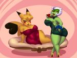  4:3 anthro big_breasts breasts cleavage clothed clothing curvaceous curvy_figure duo female footwear hand_on_hip high_heels holding_butt looking_at_viewer nintendo ooo-belise-ooo pikachu pok&eacute;mon pok&eacute;mon_(species) roserade shoes short_stack tight_clothing video_games voluptuous wide_hips 