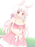  1girl :d animal_ears bangs bare_shoulders blush bow breasts bunny_ears choker cleavage collarbone commentary_request dress eyebrows_visible_through_hair flower hair_ribbon hand_up highres holding holding_flower large_breasts long_hair looking_at_viewer off-shoulder_dress off_shoulder open_mouth original pink_flower red_ribbon ribbon sakurato_ototo_shizuku short_sleeves simple_background smile solo very_long_hair white_background white_bow white_choker white_dress white_hair 