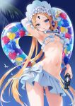  1girl abigail_williams_(fate/grand_order) abigail_williams_(swimsuit) arm_behind_head arm_up armpits bangs bare_shoulders bikini bird blonde_hair blue_eyes blue_sky blush bonnet bow braid breasts can fate/grand_order fate_(series) forehead hair_bow hair_rings highres innertube keyhole long_hair looking_at_viewer mhk_(mechamania) miniskirt navel open_mouth palm_tree parted_bangs seagull sidelocks skirt sky small_breasts soda_can swimsuit thighs tree twin_braids twintails very_long_hair white_bikini white_bow white_headwear 