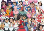  4boys 4girls absurdres apron barefoot big_hair black_bow black_hair blue_eyes blush bottle bow bowtie brown_eyes brown_footwear brown_hair character_print character_request cheerleader commentary_request cosplay croagunk crossdressing cubone dress earrings embarrassed eyelashes gen_1_pokemon gen_4_pokemon gen_8_pokemon glasses gou_(pokemon) green_bandana green_hair grey_dress hair_ornament hands_together haruka_(pokemon) hat highres hikari_(pokemon) hikari_(pokemon)_(cosplay) holding holding_hands holding_plate holding_sack iris_(pokemon) jewelry joy_(pokemon) joy_(pokemon)_(cosplay) maid_dress maid_headdress milk_bottle moomoo_milk motion_lines mouth_hold multiple_boys multiple_girls musashi_(pokemon) musashi_(pokemon)_(cosplay) nurse_cap one_eye_closed open_mouth pink_neckwear piplup plate pokemoa pokemon pokemon_(anime) pokemon_(creature) pokemon_dppt_(anime) pokemon_swsh_(anime) pom_poms red_dress rotom rotom_dex sack sakuragi_koharu sandals santa_costume satoshi_(pokemon) scorbunny shoes short_sleeves shoulder_blades sitting skirt soles sparkle sweatdrop teeth thighhighs tiara toes tongue wariza white_apron white_footwear white_legwear yokozuwari 