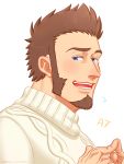  1boy alternate_costume beard blue_eyes blush brown_hair chest close-up facial_hair fate/grand_order fate_(series) goatee highres male_focus napoleon_bonaparte_(fate/grand_order) nyoro~n sideburns simple_background solo suzuki80 sweater unbuttoned 
