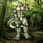  anthro claws detailed_background fangs green_body hi_res holding_object lizard male multicolored_body muscular muscular_anthro muscular_male open_mouth open_smile reptile scalie smile solo standing two_tone_body yellow_eyes zi0808 