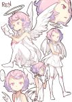  !? 1girl ahoge angel angel_wings aoi_tsunami bangs bare_arms bare_shoulders character_name commentary_request dress envelope feathered_wings gloves halo heart highres holding holding_envelope looking_at_viewer looking_away love_letter multiple_views no_shoes original pantyhose parted_lips pink_eyes pink_hair short_hair simple_background sitting sketch sleeveless sleeveless_dress spoken_interrobang standing white_background white_dress white_gloves white_legwear white_wings wings 
