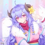  1girl bangs bow braid commentary curled_horns eyebrows_visible_through_hair flower fur_collar hair_between_eyes hair_bow hand_up horns japanese_clothes kimono lamb_(league_of_legends) league_of_legends long_hair long_sleeves looking_at_viewer obi parted_lips petals pink_eyes pink_kimono pong_(vndn124) puffy_long_sleeves puffy_sleeves purple_hair sash twin_braids upper_body yellow_bow yellow_flower 