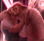  2boys abs absurdres arm_hair arm_over_shoulder bara beard blush body_hair brown_hair chest chest_hair closed_eyes coat commentary commission couple f_con facial_hair fate/grand_order fate/zero fate_(series) french_kiss hand_on_another&#039;s_chest hand_on_another&#039;s_waist highres holding_hands iskandar_(fate) kiss light_bulb long_sleeves male_focus manly multiple_boys muscle napoleon_bonaparte_(fate/grand_order) open_clothes open_vest pants pectoral_grab pectorals red_hair scarf shirt t-shirt vest yaoi 