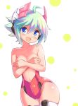  1girl ahoge azure_striker_gunvolt bare_shoulders blue_eyes blush breasts cleavage cougar1404 green_hair leotard looking_at_viewer open_mouth purple_eyes roro_(gunvolt) short_hair simple_background smile solo 