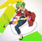  1girl bass_guitar black_footwear collared_shirt full_body green_eyes green_hair gumi high_heels holding holding_instrument instrument jacket looking_at_viewer matsuda_toki music open_clothes open_jacket open_mouth overalls playing_instrument red-framed_eyewear red_jacket shirt short_hair sidelocks solo v-shaped_eyebrows vocaloid white_shirt wing_collar 